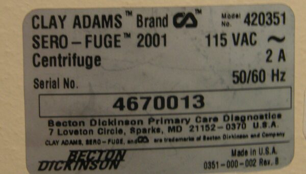 Refurbished Clay Adams SeroFuge 2001 - Image 4