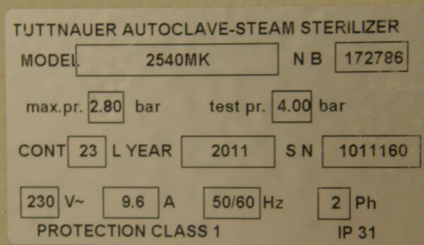 Used Tuttnauer 2540MK Kwikclave (2011) - Image 4